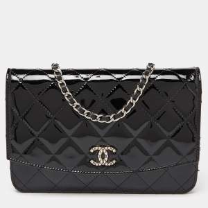 Chanel Black Quilted Patent Leather Brilliant Wallet On Chain