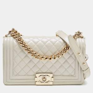 Chanel Pearl White Quilted Patent Leather Medium Boy Flap Bag