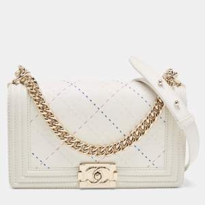 Chanel White Stitch Quilted Leather Medium Boy Flap Bag