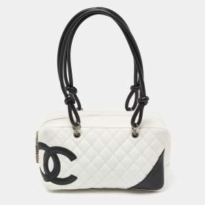 Pre Owned Chanel White/Black Quilted Leather Cambon Ligne Bowler Bag