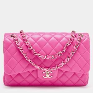 Pre Owned Chanel Fuchsia Quilted Lambskin Leather Jumbo Classic Double Flap Bag
