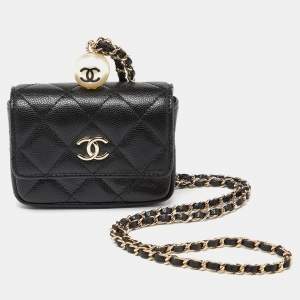 Chanel Black Caviar Leather CC Pearl Flap Chain Coin Purse 