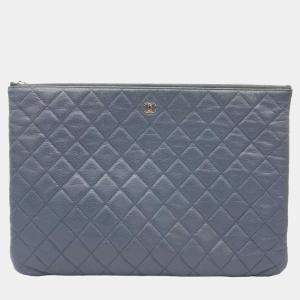 Pre Owned Chanel Blue/Grey Caviar Clutch Large