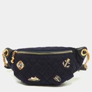 Chanel Navy Blue/Black Quilted Wool and Leather Paris Hamburg Charm Belt Bag