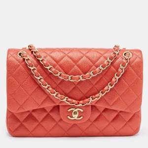Pre Owned Chanel Orange Quilted Pearly Caviar Leather Jumbo Classic Double Flap Bag