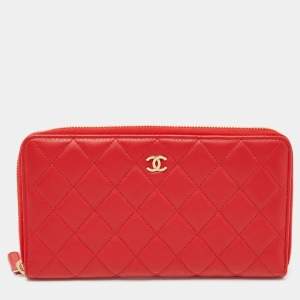 Chanel Red Quilted Leather Zip Around Organizer Wallet 