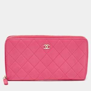 Chanel Pink Quilted Leather Zip Around Organizer Wallet 