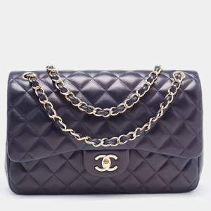 Pre Owned Chanel Navy Blue Quilted Leather Jumbo Classic Double Flap Bag