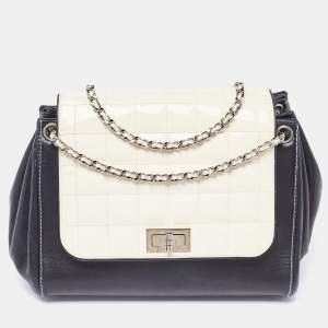 Pre Owned Chanel Black/White Square Quilted Patent Leather Accordion Flap Bag