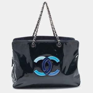 Pre Owned Chanel Teal Patent Leather XL Lipstick Tote