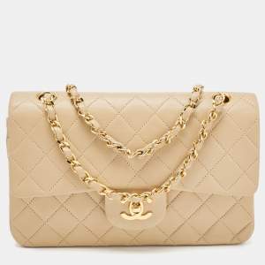 Pre Owned Chanel Beige Quilted Leather Small Classic Double Flap Bag