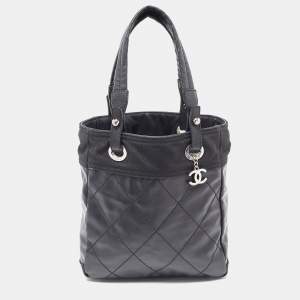Pre Owned Chanel Black Quilted Vinyl and Canvas Petite Paris Biarritz Bag
