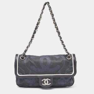 Pre Owned Chanel Tri Color CC Logo Camellia Embossed Canvas and Leather East West Flap Bag