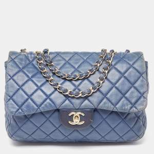 Pre Owned Chanel Blue Quilted Lambskin Leather Jumbo Classic Single Flap Bag