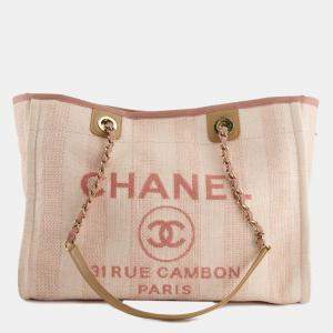Chanel Small Pink Stripe Canvas Deauville Tote Bag with Logo Print and Champagne Gold Hardware