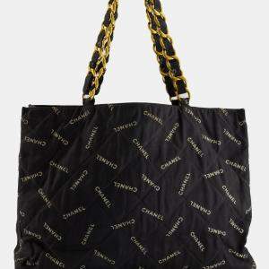 Chanel Vintage Black Bag in Quilted Canvas Logo Print with Gold Hardware