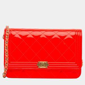 Pre Owned Chanel Red Patent Boy Wallet on Chain
