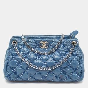 Pre Owned Chanel Blue Quilted Nylon and Tweed Ultra Stitch Bubble Tote