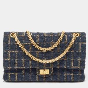 Pre Owned Chanel Blue/Gold Tweed Reissue 2.55 Icons Mademoiselle Double Flap Bag