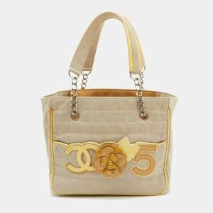 Pre Owned Chanel Beige/Yellow Canvas and Patent Leather Camellia No.5 Tote