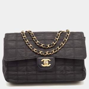 Pre Owned Chanel Black Cube Quilted Printed Fabric Medium CC Travel Line Flap Bag