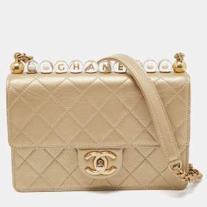 Pre Owned Chanel Gold Quilted Leather Small Chic Pearls Flap Bag