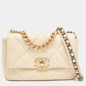 Pre Owned Chanel Beige Quilted Leather Medium 19 Flap Bag