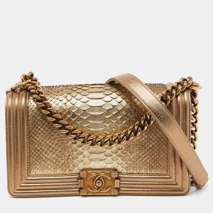 Chanel Metallic Gold Python and Leather Medium Boy Flap Bag