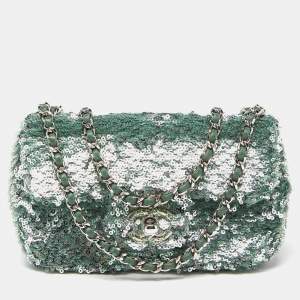 Pre Owned Chanel Green Sequins and Satin Mini Square Classic Flap Bag