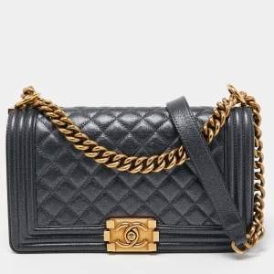 Pre Owned Chanel Dark Grey Shimmer Leather Medium Boy Bag