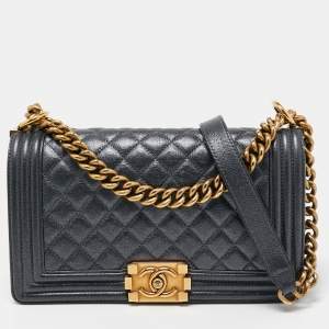 Chanel Dark Grey Shimmer Leather Medium Boy Bag