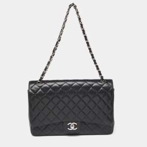 Pre Owned Chanel Black Quilted Caviar Leather Maxi Classic Double Flap Bag