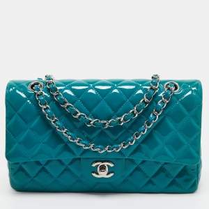 Pre Owned Chanel Teal Blue Quilted Patent Leather Medium Classic Double Flap Bag