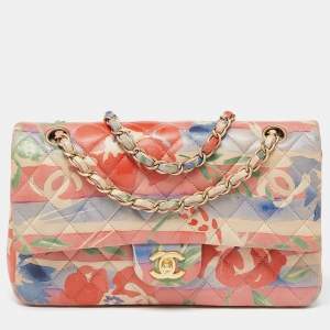 Pre Owned Chanel Multicolor Quilted Floral Print Leather Medium Classic Double Flap Bag