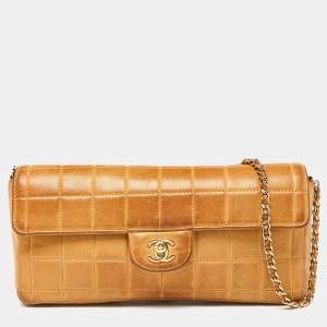 Pre Owned Chanel Tan Cube Quilted Leather East West Flap Bag