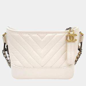 Chanel White Leather Chevron Gabrielle Small Hobo Bag