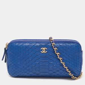 Pre Owned Chanel Blue Python Double Zip Chain Clutch