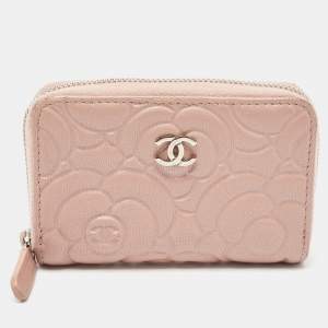 Chanel Pink Camellia Embossed Leather Zip Around Coin Purse