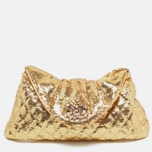 Pre Owned Chanel Gold Quilted Sequins Half Moon Clutch