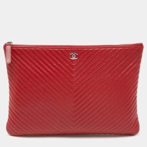 Chanel Red Chevron Quilted Caviar Leather Medium O'Case Pouch