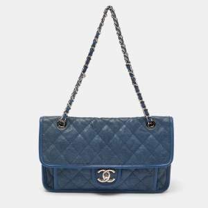 Pre Owned Chanel Blue Quilted Caviar Leather CC French Riviera Flap Bag