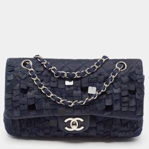 Pre Owned Chanel Navy Blue Quilted Satin Medium Classic Double Flap Bag