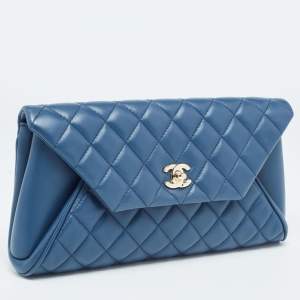 Pre Owned Chanel Blue Quilted Lambskin Leather Fold Up Again Clutch