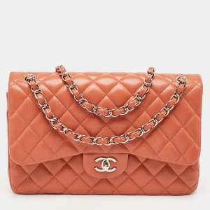 Pre Owned Chanel Brick Brown Quilted Caviar Leather Jumbo Classic Double Flap Bag