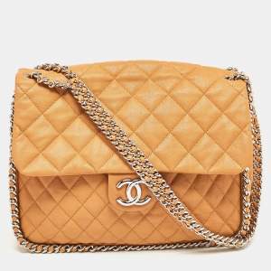 Pre Owned Chanel Brown Quilted Leather Maxi Chain Around Flap Bag