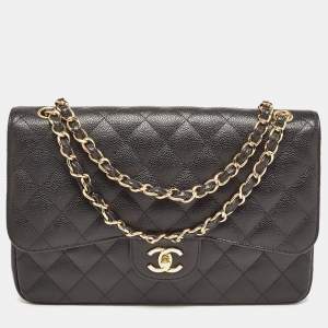 Pre Owned Chanel Black Quilted Caviar Leather Jumbo Classic Double Flap Bag