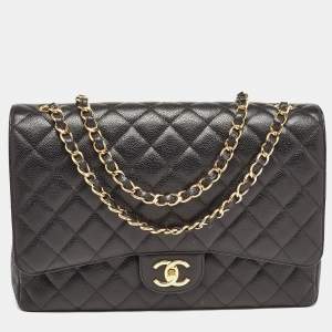 Pre Owned Chanel Black Quilted Caviar Leather Maxi Classic Double Flap Bag