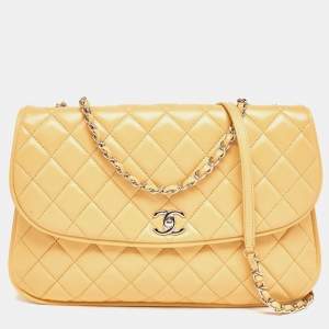 Pre Owned Chanel Yellow Quilted Leather Large Pagode Piping Flap Bag