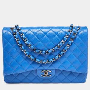 Pre Owned Chanel Blue Quilted Caviar Leather Maxi Classic Double Flap Bag