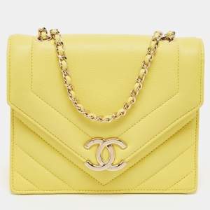 Pre Owned Chanel Yellow Leather  Small Vintage Chevron Flap Bag